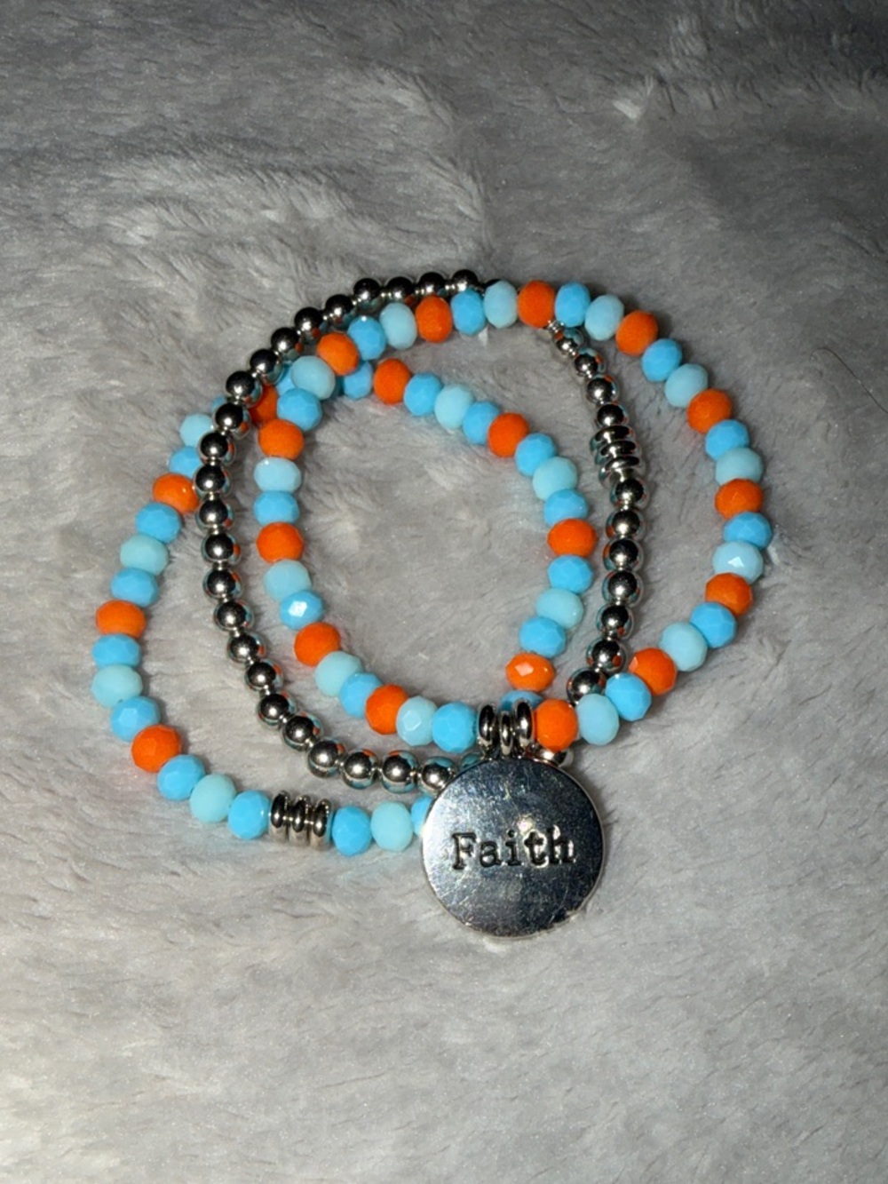 Faith Charm Stretch Bracelet Set - Blue & Orange Beaded Women’s Jewelry